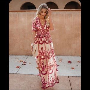 Vici glamour honey punch floral lace maxi dress mesh red burgundy embroidered xs